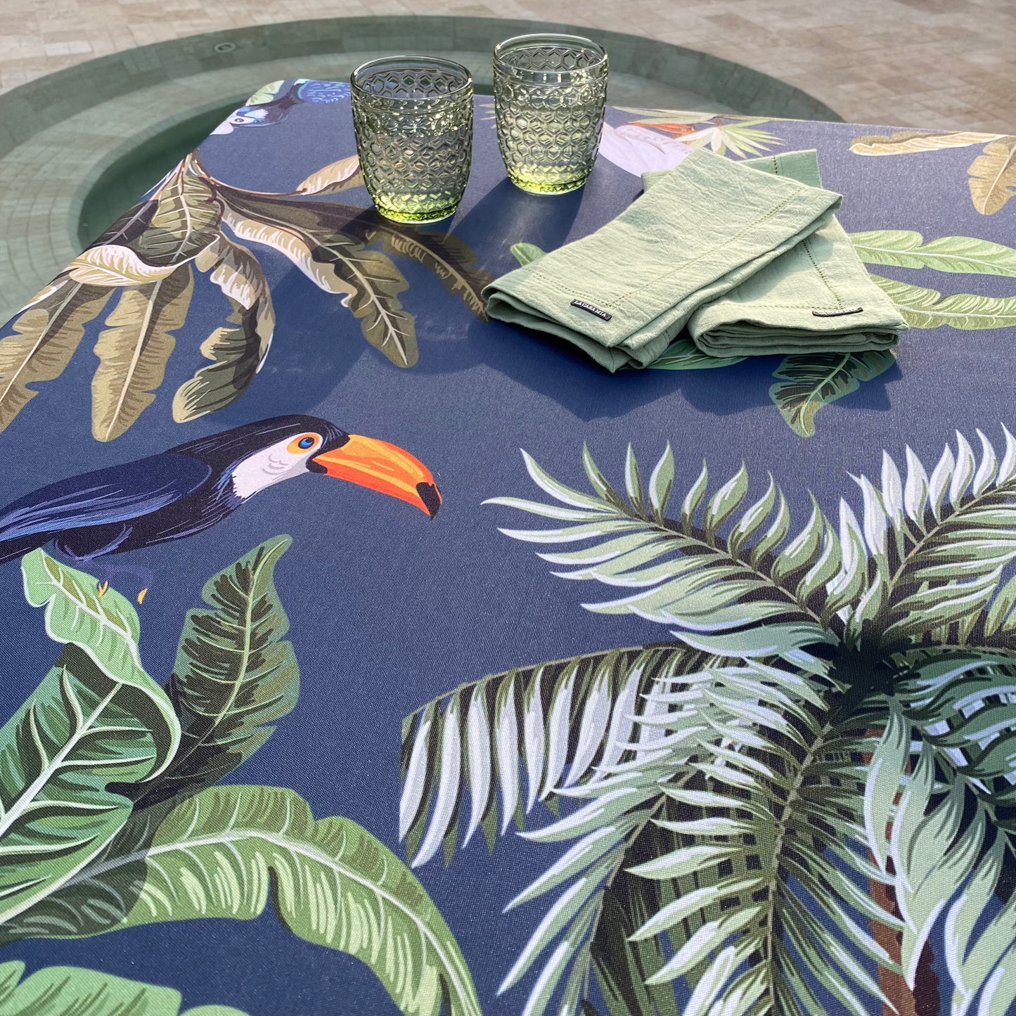 Mantel “aves tropicales con marco azul”