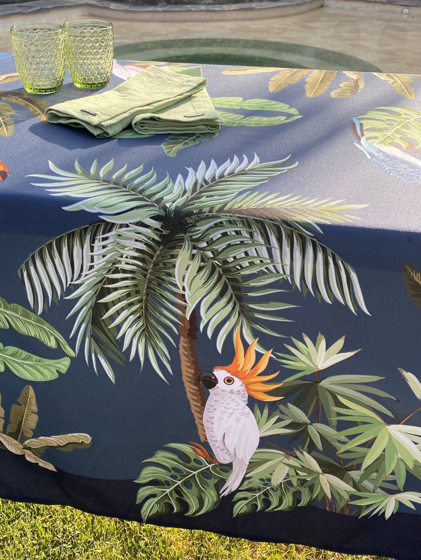 Mantel “aves tropicales con marco azul”